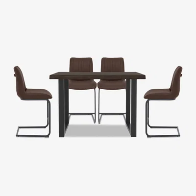 Furniture Village Bodahl - Compact Terra Raw Edge Table with U-Shaped Legs and 4 Cognac Terra Bar Stools - 160-cm - Smoked
