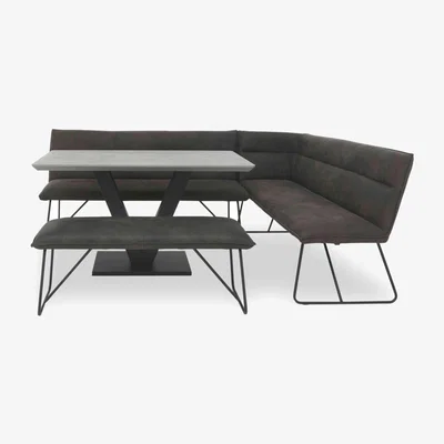 Furniture Village Ruben Dining Table with a Faux Suede Right Hand Facing Corner Bench and Standard Bench