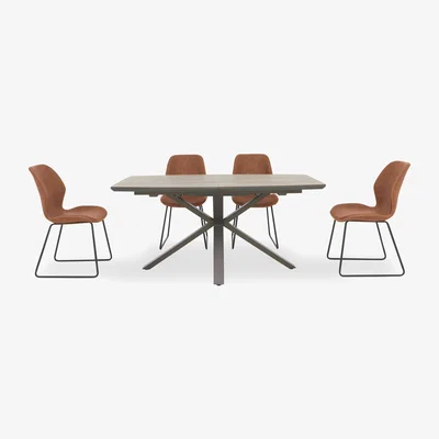 Furniture Village Pedro Extending Dining Table with 4 Faux Leather Ski Leg Chairs - Brown