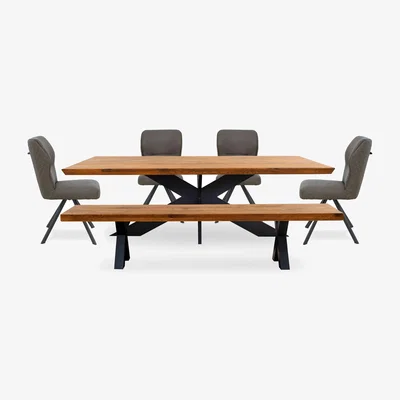 Furniture Village Bodahl - Loki Large Dining Table with Bench and 4 Steel Swivel Chairs - Old Bassano