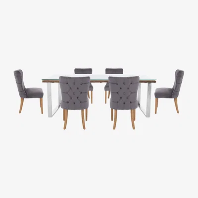 Furniture Village Chennai Dining Table with U-Leg Base and 6 Luxe Chairs - 220-cm - Grey