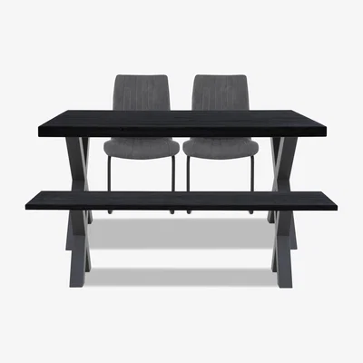 Furniture Village Bodahl - Compact Terra Straight Edge Dining Table with X-Shaped Legs and 160cm Bench and 2 Grey Chairs - Mocca Black