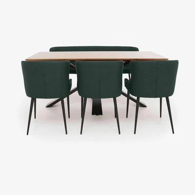 Furniture Village Hanoi Fixed Table with Metal Base and 3 Faux Leather Dining Chairs and a Dining Bench