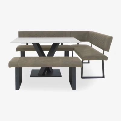 Furniture Village Warrior Crystal White Compact Fixed Dining Table with Right Hand Facing Corner Bench and Standard Bench