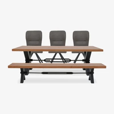 Furniture Village Bodahl - Terra Straight Edge Dining Table with Tension Bolt X-Leg, Bench and 3 Steel Fabric Swivel Chairs - 220-cm