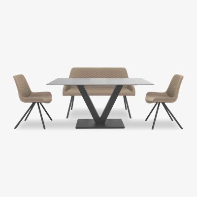 Furniture Village Ion Fixed Dining Table with 2 Faux Leather Chairs and High Back Bench - 160-cm - Light Brown