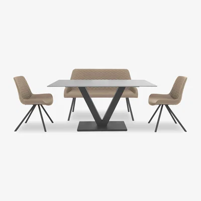 Furniture Village Ion Fixed Dining Table with 2 Faux Leather Chairs and High Back Bench - 160-cm - Light Brown