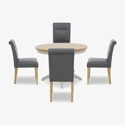 Furniture Village Lewis Round Pedestal Butterfly Extending Dining Table and 4 Roll Back Faux Leather Chairs - Dark Grey