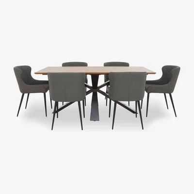 Furniture Village Hanoi Fixed Table with Metal Base and 6 Faux Leather Dining Chairs - Slate Grey