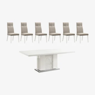 Furniture Village ALF - Fascino Large Extending Dining Table and 6 Faux Leather Dining Chairs - White