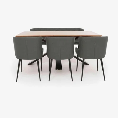 Furniture Village Hanoi Fixed Table with Metal Base and 3 Faux Leather Dining Chairs and a Dining Bench - Slate Grey