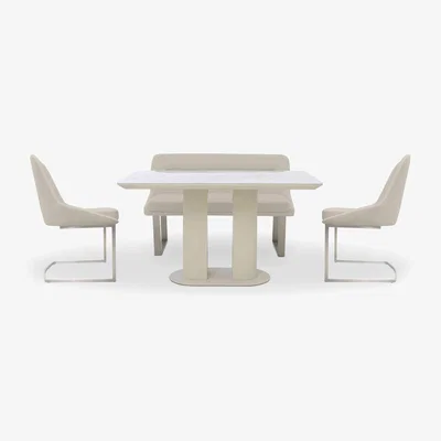 Furniture Village Avorio Fixed Dining Table, High Back Bench and 2 Cantilever Chairs Set