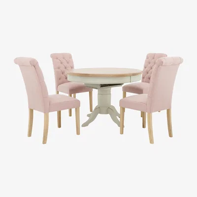 Furniture Village Furnitureland - Angeles Round Extending Dining Table and 4 Button Back Dining Chairs - Pink