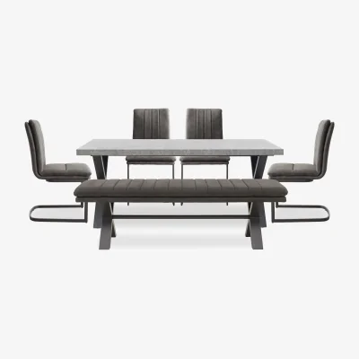 Furniture Village Moon Large Dining Table with X Shaped Legs, Fabric Bench and 4 Fabric Cantilever Chairs