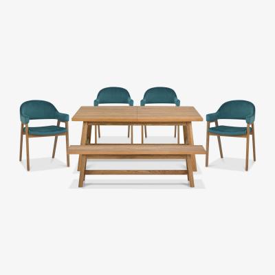 Furniture Village Stratford Small Extending Dining Table with Bench and 4 Fabric Dining Arm Chairs