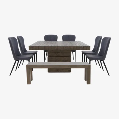 Furniture Village Folsom Square Dining Table, 6 Chairs and Dining Bench Set - Grey
