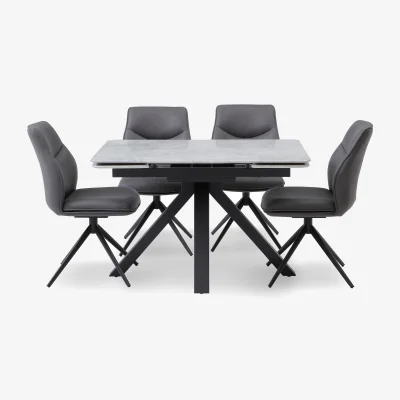 Furniture Village Bastille Draw Leaf Extending Dining Table and 4 Faux Leather Swivel Chairs