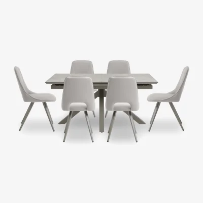 Furniture Village Matera Pop Up Extending Dining Table with Star Base and 6 Faux Leather Chairs with Taupe Legs