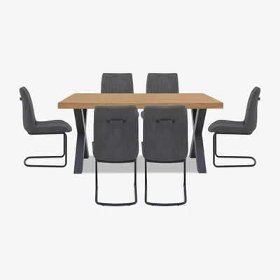 Furniture Village Bodahl - Compact Terra Straight Edge Dining Table with X-Shaped Legs and 6 Grey Chairs - Natura Bianca