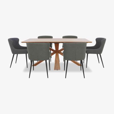 Furniture Village Hanoi Fixed Table with Wooden Base and 6 Faux Leather Dining Chairs - Slate Grey