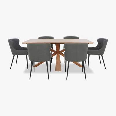 Furniture Village Hanoi Fixed Table with Wooden Base and 6 Faux Leather Dining Chairs - Slate Grey