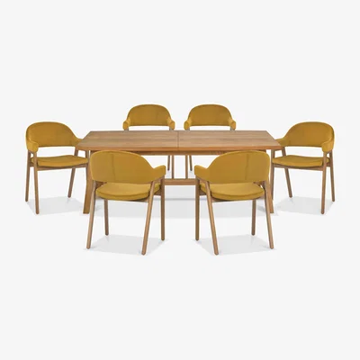 Furniture Village Stratford Large Extending Dining Table with 6 Fabric Dining Arm Chairs - Mustard Velvet