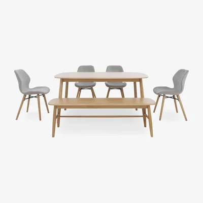 Furniture Village Stockholm Fixed Dining Table with 4 Upholstered Chairs and a Bench - Light Oak