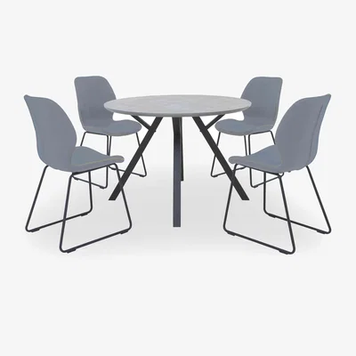 Furniture Village Matteo Round Dining Table with 4 Faux Leather Ski Leg Chairs - Light Grey