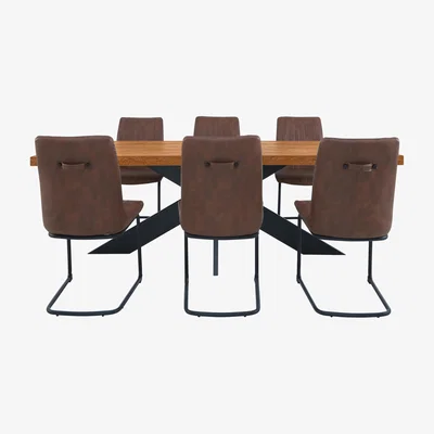 Furniture Village Bodahl - Terra Dining Table with Star Leg & 6 Cognac Chairs - Old Bassano