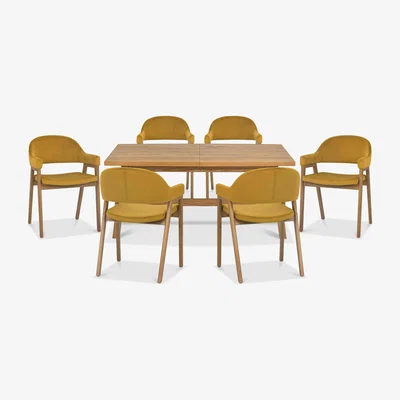Furniture Village Stratford Small Extending Dining Table with 6 Fabric Dining Arm Chairs - Mustard Velvet