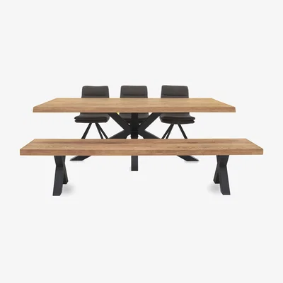 Furniture Village Bodahl - Njord Raw Edge Dining Table with Metal Star Base, Bench and 3 Chairs - 220-cm - Bianca