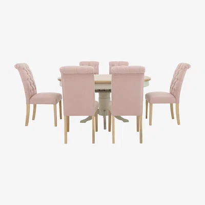 Furniture Village Furnitureland - Angeles Round Extending Dining Table and 6 Button Back Dining Chairs - Pink