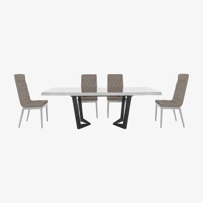 Furniture Village Palazzo 200cm Extending Dining Table in Glossy White with 4 Capitonne Buttoned Chairs - Scarlet Taupe