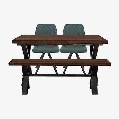 Furniture Village Mars Small Straight Edge Dining Table with 140cm Bench and 2 Faux Leather Swivel Chairs - Green