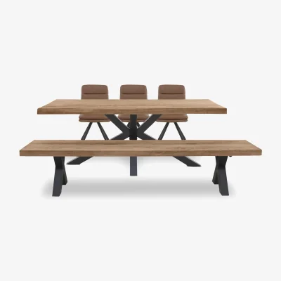 Furniture Village Bodahl - Njord Raw Edge Dining Table with Metal Star Base, Bench and 3 Tan Faux Leather Swivel Chairs - 240-cm