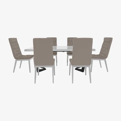 Furniture Village Palazzo 160cm Extending Dining Table in Glossy White with 6 Capitonne Buttoned Chairs - Scarlet Taupe