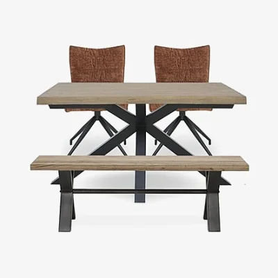 Furniture Village Saturn Small Live Edge Dining Table with a Bench and 2 Swivel Chairs