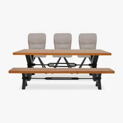Furniture Village Bodahl - Terra Straight Edge Dining Table with Tension Bolt X-Leg, Bench and 3 Taupe Fabric Swivel Chairs - 240-cm