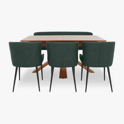 Furniture Village Hanoi Extending Table with Wooden Base and 3 Faux Leather Dining Chairs and a Dining Bench