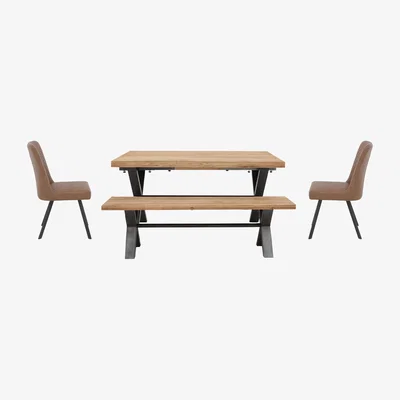 Furniture Village Earth Small Straight Edge Dining Table with Small Bench and 2 Chairs - Tan