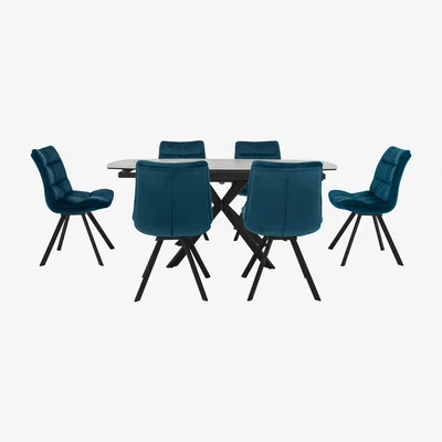 Furniture Village Diego Round Extending Dining Table and 6 Chairs - Teal