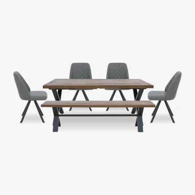 Furniture Village Jupiter Large Dining Table with X Shaped Legs, Bench and 4 Swivel Chairs - Grey