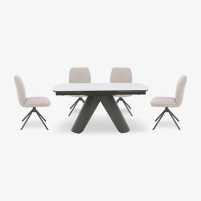 Furniture Village Perla Gloss Extending Dining Table and 4 Faux Leather Swivel Chairs - 160-cm