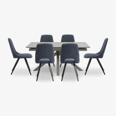 Furniture Village Matera Pop Up Extending Dining Table with Star Base and 6 Fabric Chairs with Black Legs - Midnight Blue