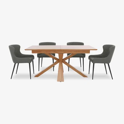 Furniture Village Hanoi Extending Table with Wooden Base and 4 Faux Leather Dining Chairs - Slate Grey