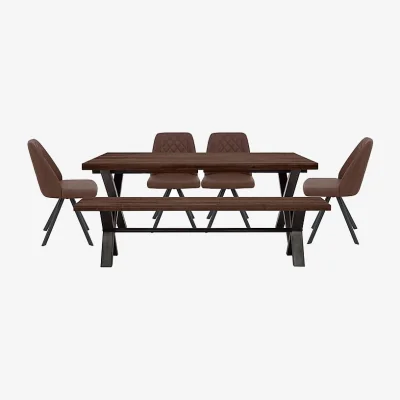 Furniture Village Mars Large Straight Edge Dining Table with 180cm Bench and 4 Faux Leather Swivel Chairs