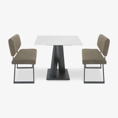 Furniture Village Warrior Crystal White Compact Fixed Dining Table with 2 High Back Benches