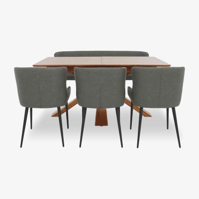 Furniture Village Hanoi Extending Table with Wooden Base and 3 Faux Leather Dining Chairs and a Dining Bench - Slate Grey