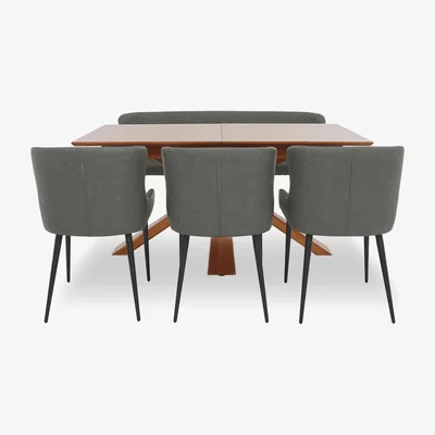 Furniture Village Hanoi Extending Table with Wooden Base and 3 Faux Leather Dining Chairs and a Dining Bench - Slate Grey