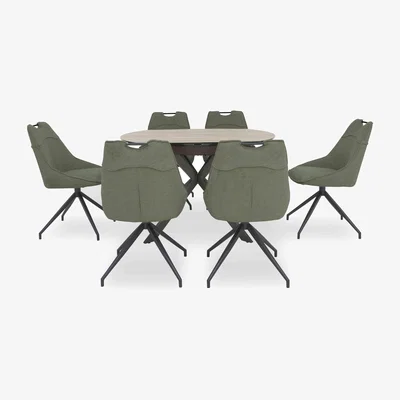 Furniture Village Pedro Swivel Extending Dining Table with 6 Swivel Fabric Chairs - Green
